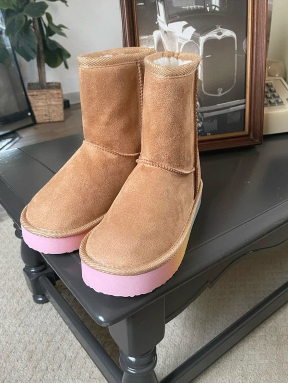 fabkids Tan Suede-Look Boots with Pink Platform Sole